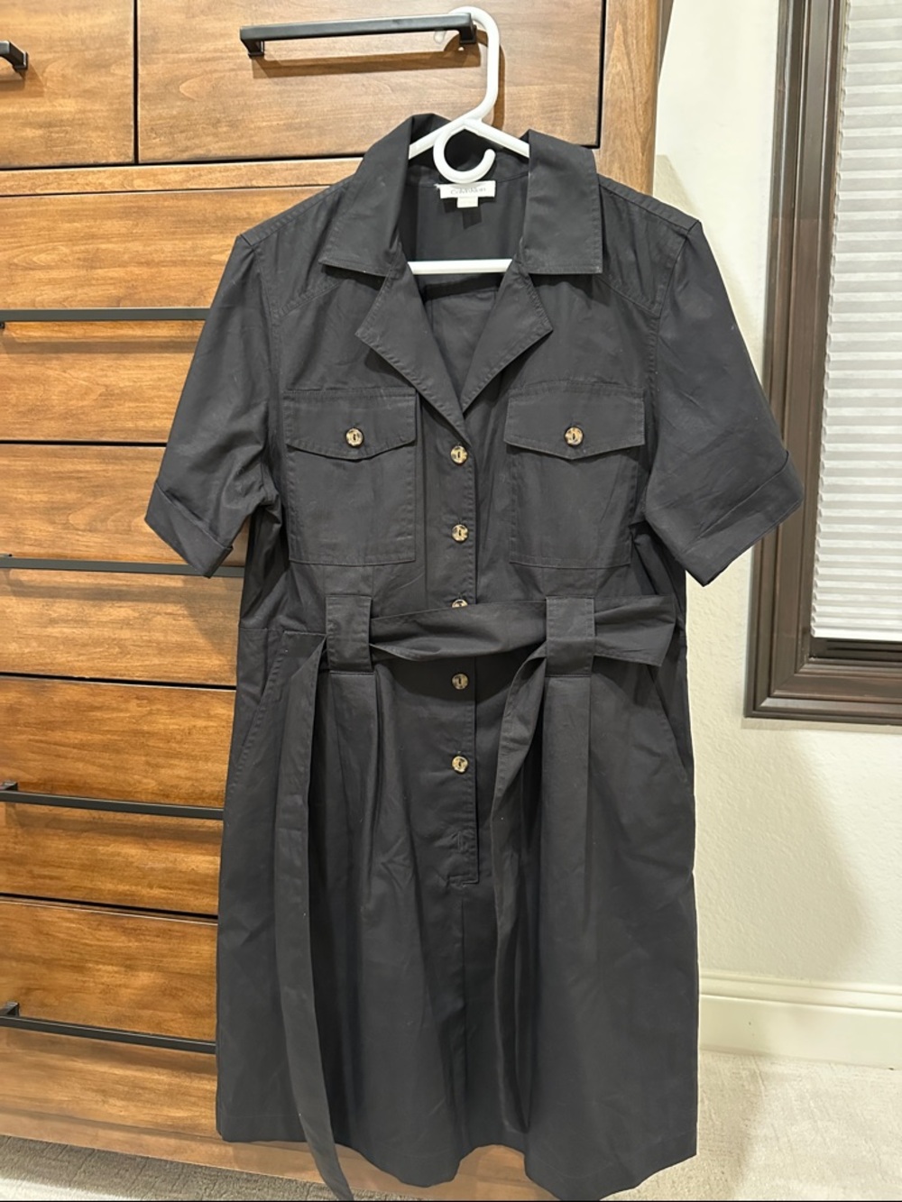 Calvin Klein Black Button-Front Shirt Dress with Waist Tie 12